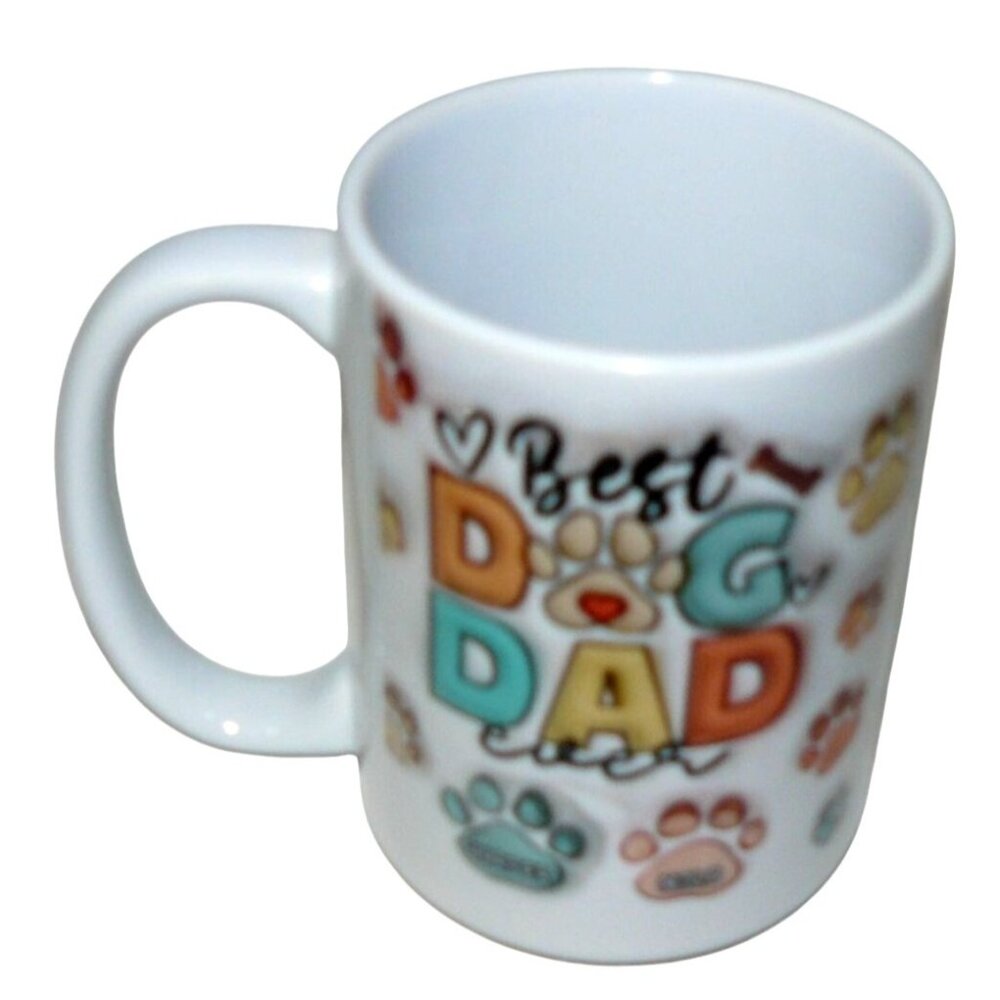 Best Dog Dad Ceramic Coffee Mug With Colorful Paw Print Design 14 Oz White